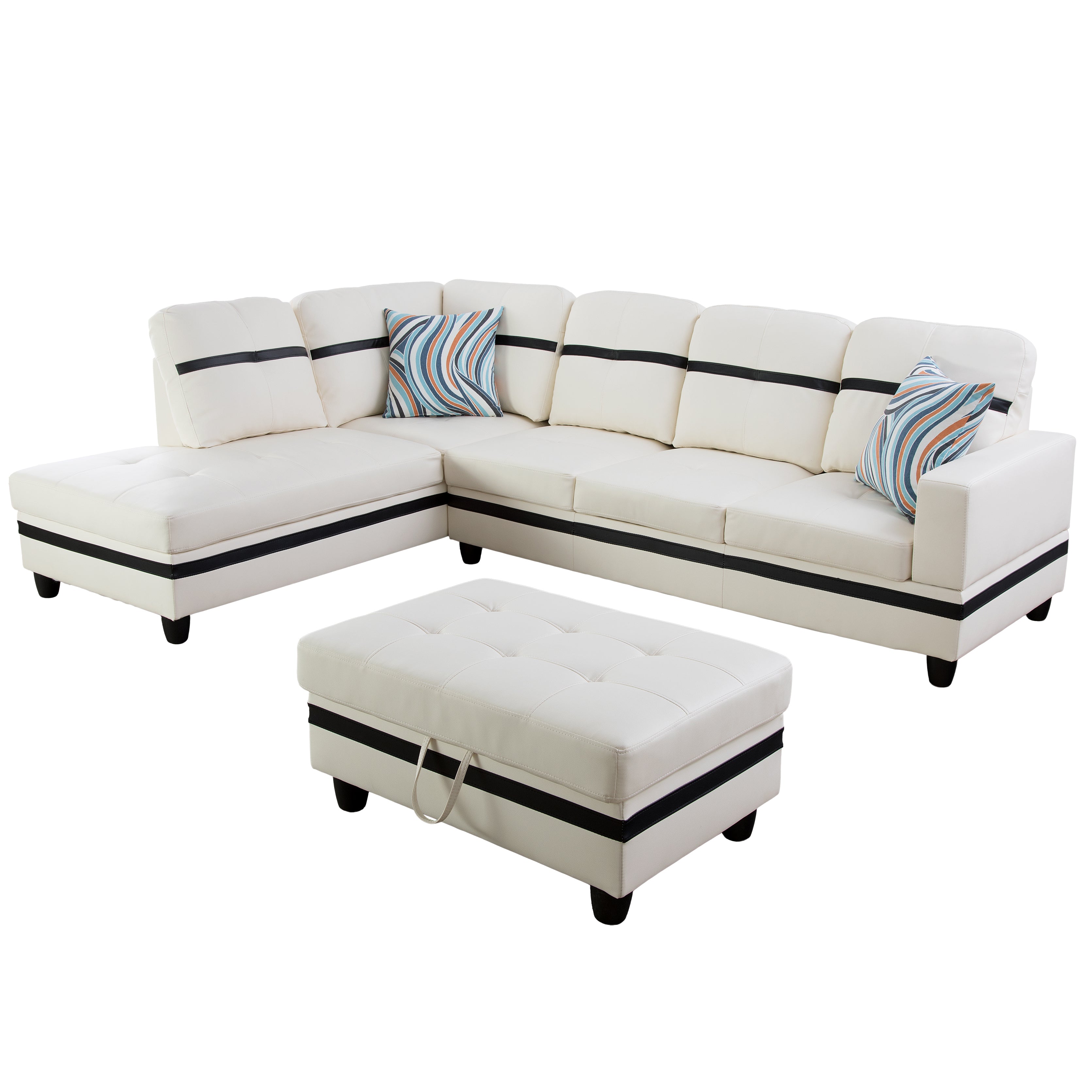 Ainehome White And Black Synthetic Leather L-Shaped Living Room Sectional Sofa Set