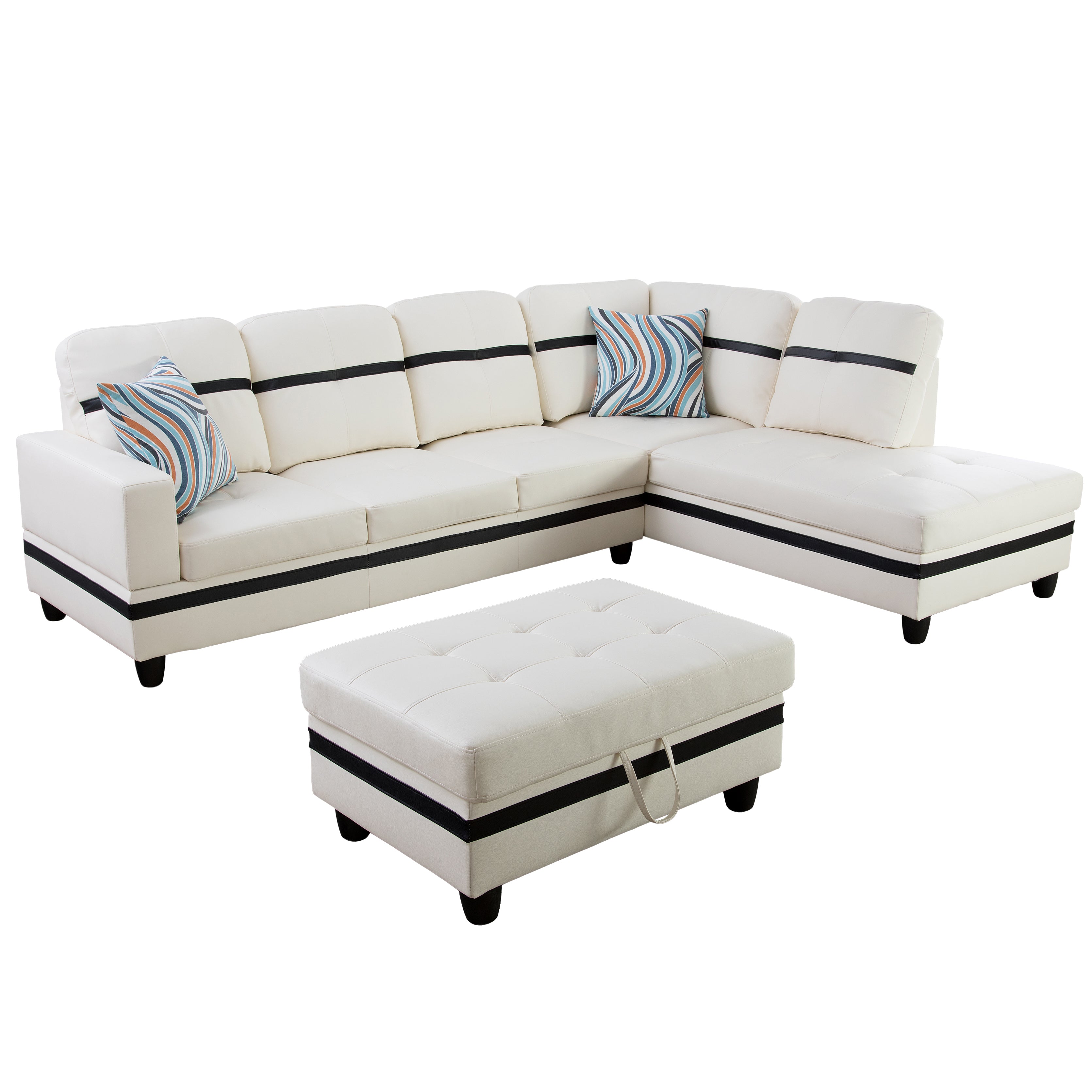 Ainehome White And Black Synthetic Leather L-Shaped Living Room Sectional Sofa Set