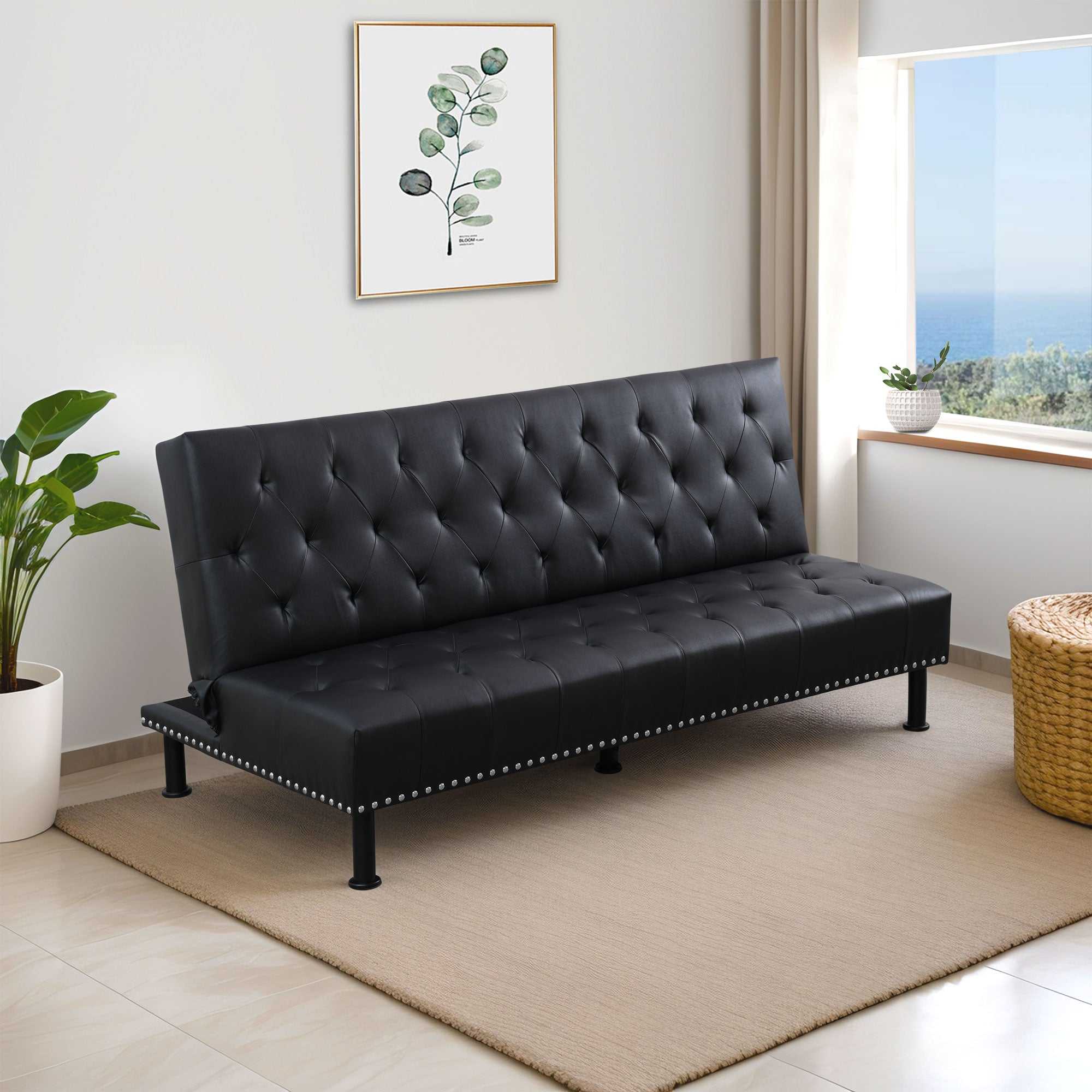 Ainehome Black Faux Leather Sofa bed