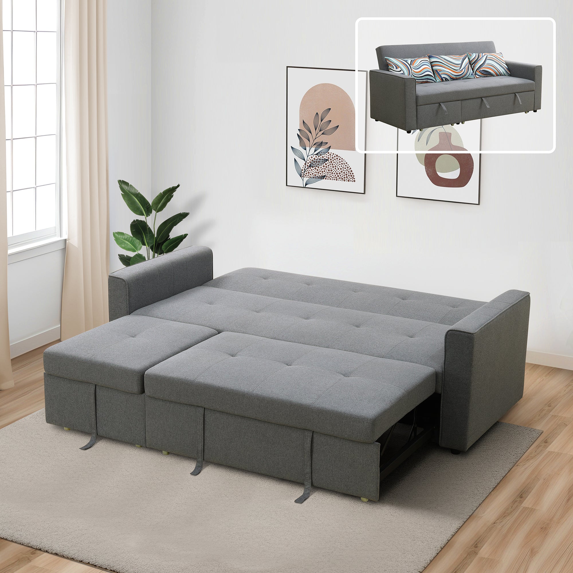 Ainehome Grey Sackcloth 1-Piece Living Room Wide Sofabed